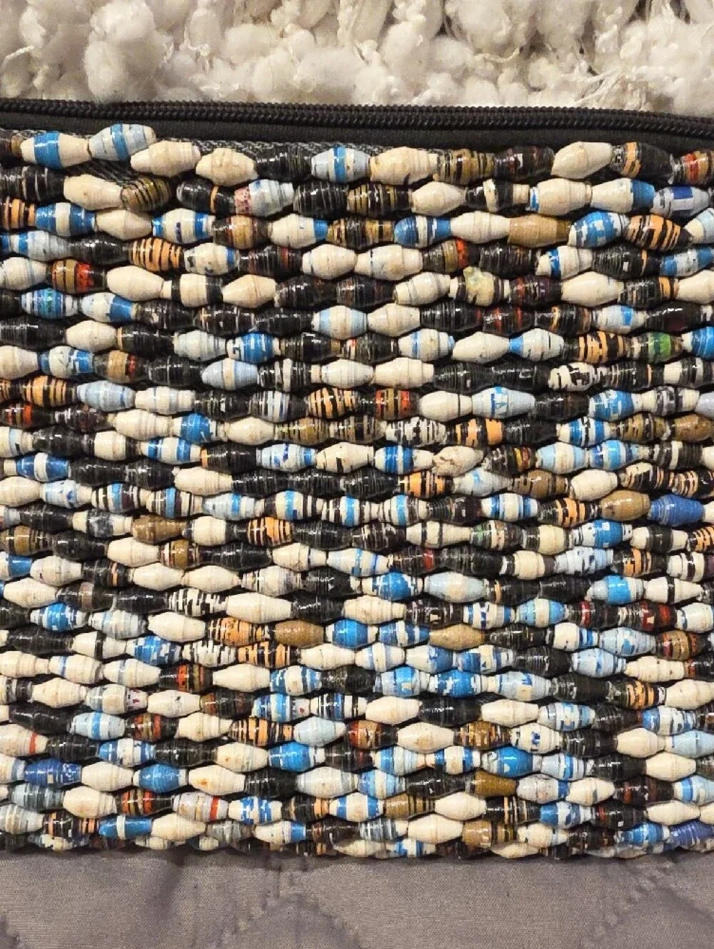 Handmade Paper Beaded Wristlet Clutch in Neutral, Brown & Blue - Picture 5 of 15